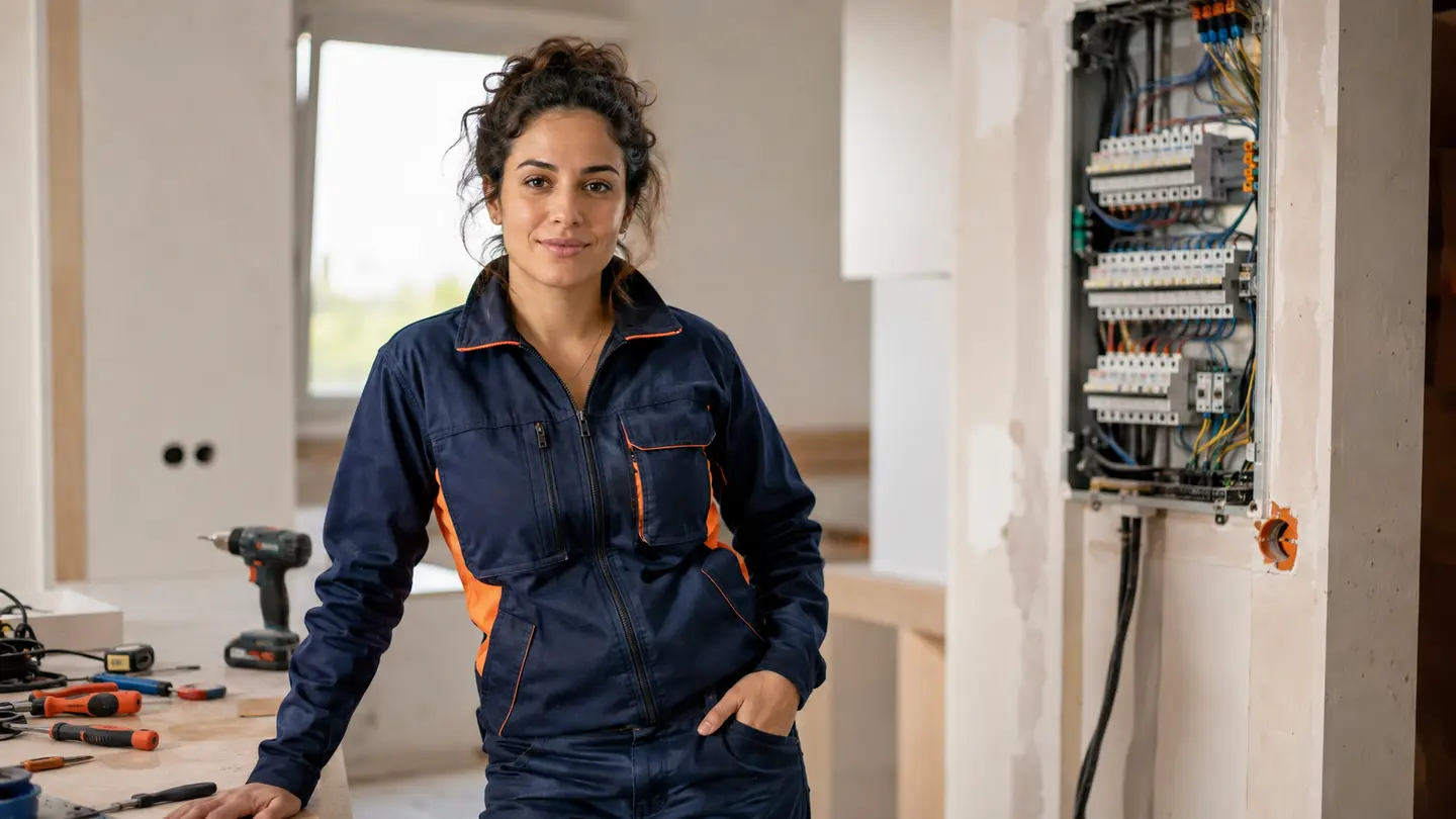 Artisane électricienne PrestigeiaPro sur un chantier